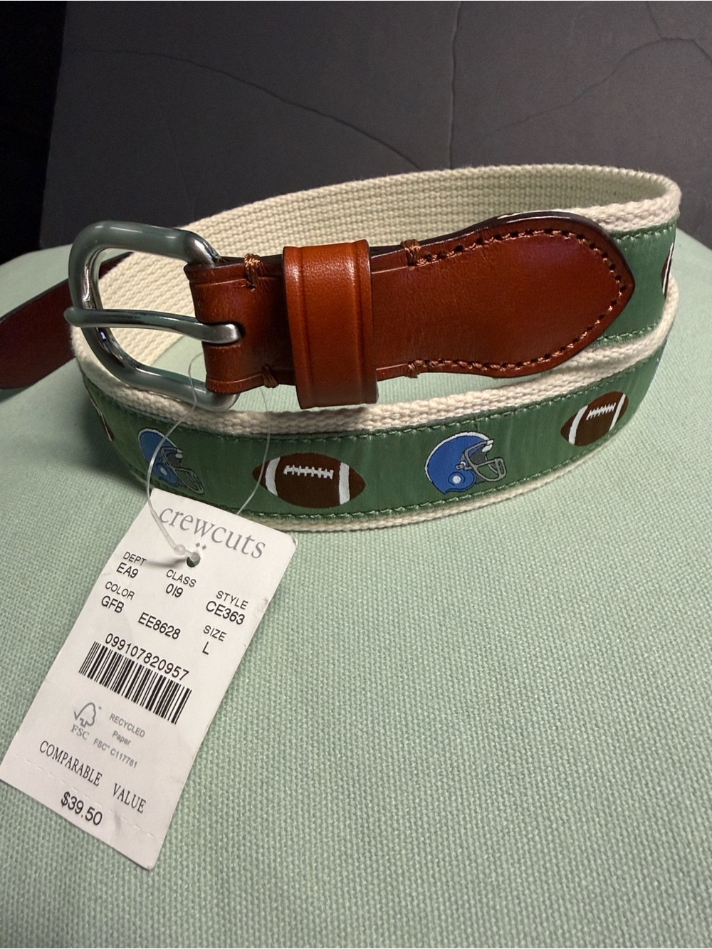 BNWT CREWCUTS FOOTBALL/HELMETS WOVEN & LEATHER BOYS BELT SIZE LARGE 8-10